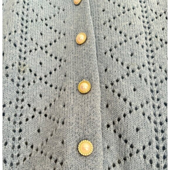 Nanette Lepore Blue Eyelet Knit Cardigan Sweater Faux Pearl Buttons Size Small - Picture 6 of 12